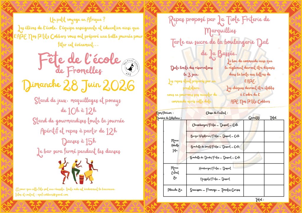 Kermesse de l'école ! pensez à réserver vos repas avant le 3 Juin