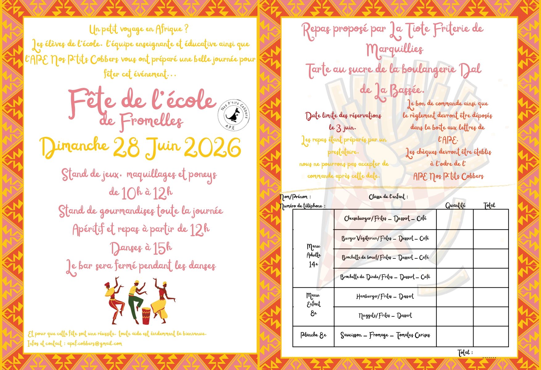 Kermesse de l'école ! pensez à réserver vos repas avant le 3 Juin